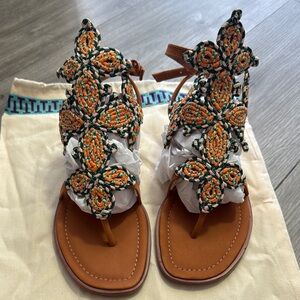Tory Burch Orange and Green Sandals with Gladiator Design